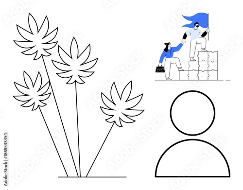 Leadership, teamwork, business partnerships, progress, nature, identity. Graphic of people climbing blocks with a flag, cannabis leaves and a user profile symbol. Leadership and teamwork concepts