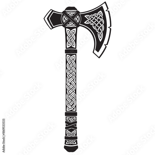 Monochrome Stylized Axe with Intricate Celtic Knotwork Design