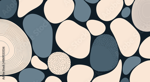 Modern seamless pattern with abstract organic pebble shapes in neutral earth tones with minimalist line and dot textures.