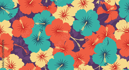 Vibrant and seamless tropical pattern filled with colorful hibiscus flowers in shades of red blue and yellow for summer.