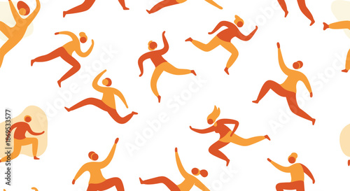 Seamless pattern of stylized people running and jumping with joy in a vibrant and energetic two-color design.