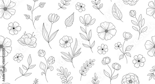 Seamless pattern background of beautiful and delicate hand-drawn wildflowers in a black and white doodle line art style.