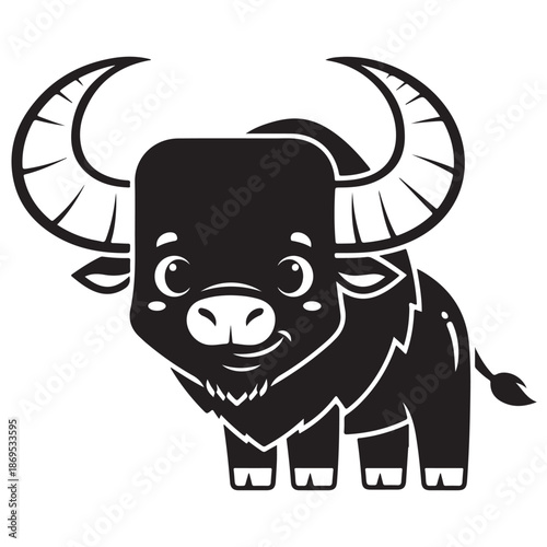 Adorable Black and White Cartoon Buffalo Character Illustration