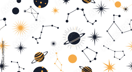 Elegant seamless pattern with gold and black celestial elements including constellations planets and stars on a white background.