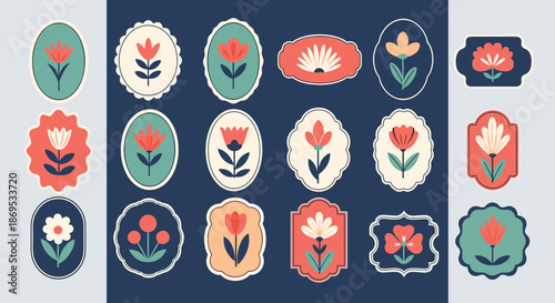 A curated set of charming folk art floral stickers with stylized flowers in decorative oval and rectangular shaped frames.