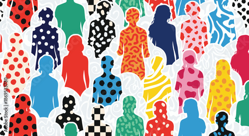 Crowd of diverse people represented by colorful silhouettes with various patterns illustrating community and individuality concepts.