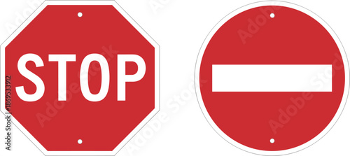 Red octagonal stop sign and round no entry warning road symbol isolated on white background for traffic regulation.