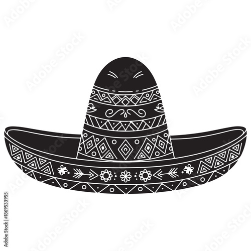 Traditional Mexican Sombrero Hat with Intricate White Decorative Patterns on Black