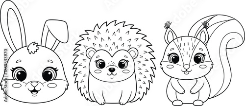 Black and white cartoon rabbit hedgehog squirrel faces