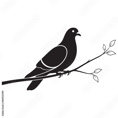 Black Silhouette of a Bird Perched on a Tree Branch with Leaves