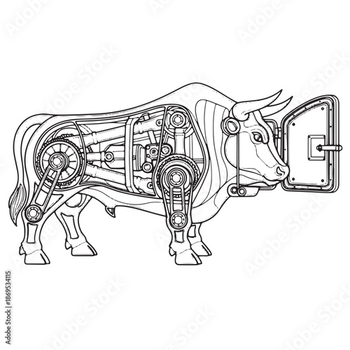 Mechanical Bull with Exposed Internal Gears and Vault Door Head Illustration