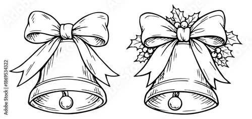 Hand drawn line art Christmas bell set featuring bows and holly for festive decorations