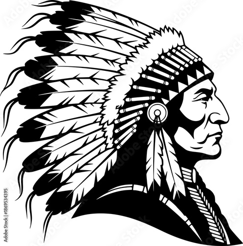 Sitting Bull Silhouette – Black Vector Illustration, Native American Chief Profile, Feather Headdress, Historical Figure, Tribal Leader, Strong Outline, Minimal Clipart, Editable Vector Design.