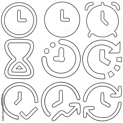 Hand-drawn doodle set of clock icons on a white background.