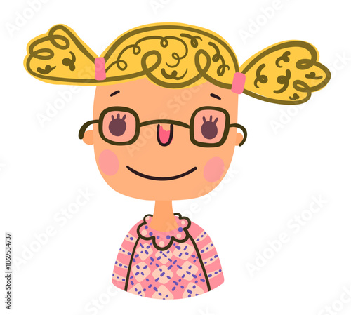 Hand painted cartoon vector girl with blond hair, cute child face portrait for kids school designs, activities and education topics