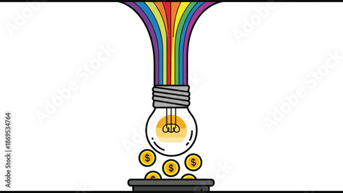 Colorful light bulb idea generating coins for business growth, Generative AI.