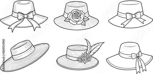 Black and white of six women's hats with ribbons and flowers fashion accessories