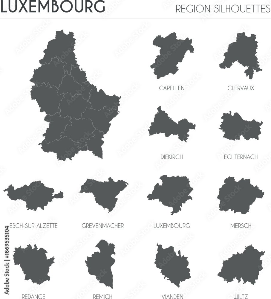 Obraz premium Luxembourg region silhouettes set and blank map of the country isolated on white background. Vector illustration design