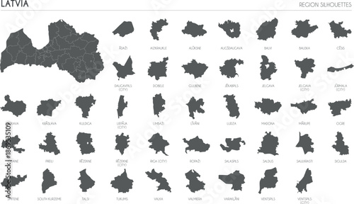 Latvia region silhouettes set and blank map of the country isolated on white background. Vector illustration design