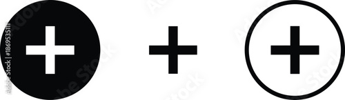 Vector set of medical plus cross icons in solid black circle outline and simple flat style for health.