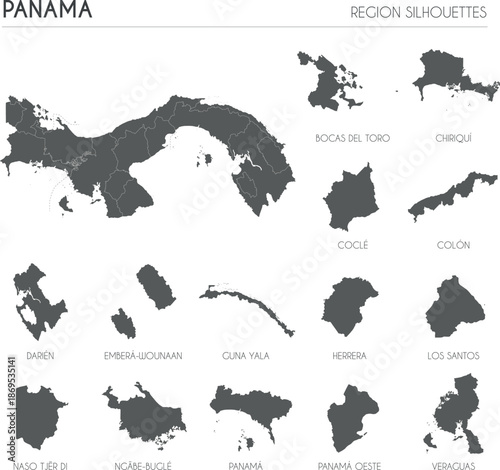 Panama region silhouettes set and blank map of the country isolated on white background. Vector illustration design