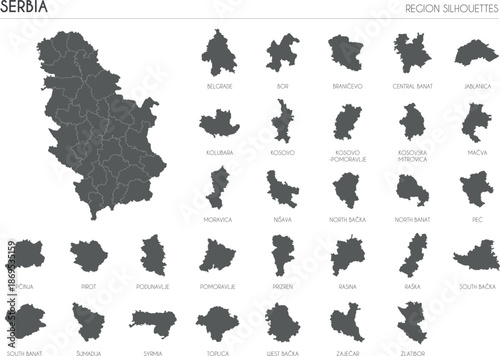 Serbia region silhouettes set and blank map of the country isolated on white background. Vector illustration design