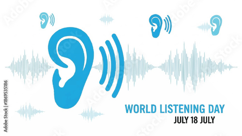 World Listening Day July 18th Celebration with Sound Waves and Ear Illustration.