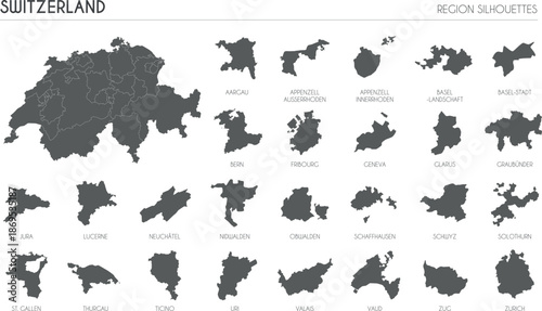 Switzerland region silhouettes set and blank map of the country isolated on white background. Vector illustration design