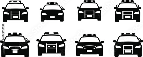 Black silhouette vector set of eight front-view police cars with varied grille, headlight, and rooftop light bar designs, isolated on white