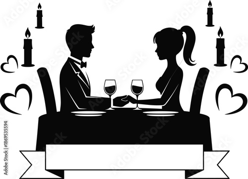 Black silhouette of couple sitting at dinner table with wine glasses and candles