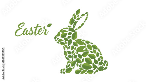 Easter bunny made of green leaves with the word Easter, Generative AI.