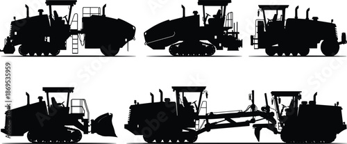 Construction machinery silhouettes set, black heavy equipment icons, roadwork vehicle vector pack, side view machines, editable civil engineering illustration for design