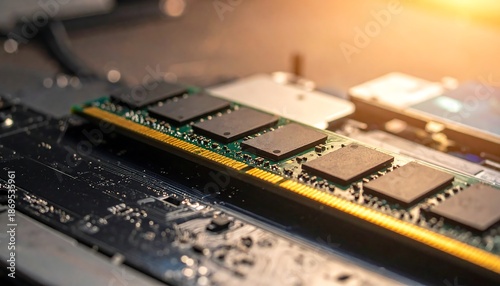 Computer memory module (RAM) lying on a dark, speckled electronic component under warm, blurred light
