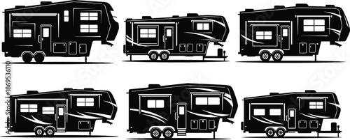 Fifth-wheel trailer silhouettes set, black RV icons, camping vehicle vector pack, side view travel trailer shapes, editable outdoor design illustration