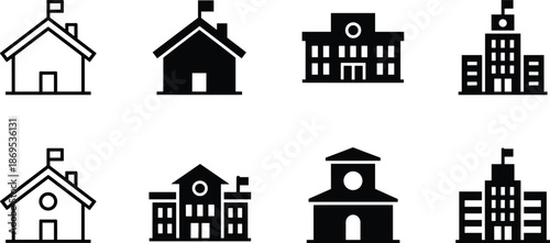 Black silhouette set of school building icons featuring various architectural styles with flags and windows isolated on white.