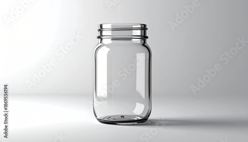 Empty Glass Mason Jar with Screw Threads on a White Background.