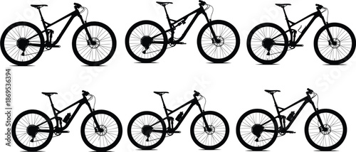 Mountain bike silhouettes set, black cycling icons, side view bicycle vector pack, editable sport transport illustration for outdoor and fitness design