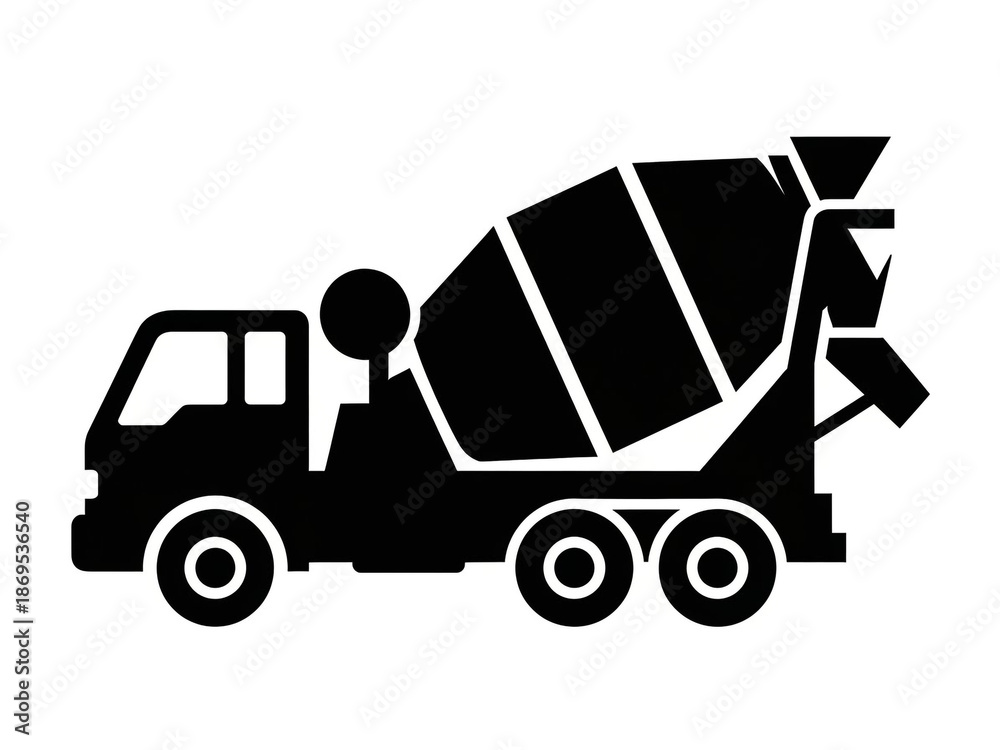Fototapeta premium Black Silhouette of Cement Mixer Truck – Construction Transport Icon with Rotating Drum and Six Wheels