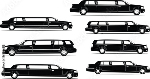 Stretch limousine silhouettes set, black luxury transport icons, side view limo vector pack, editable vehicle illustration for automotive design use