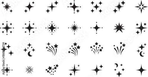 Magic Sparkle and Twinkling Star Silhouette Icon Set for Decorative Design