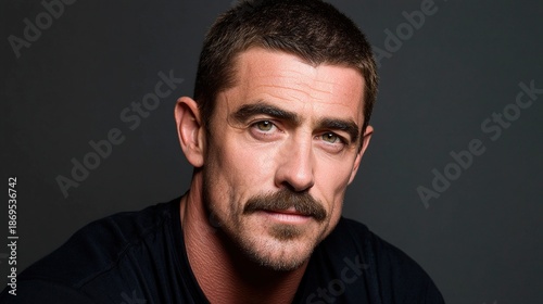 Handsome smiling 45-year-old male actor with black hair and mustache wearing dark blue t-shirt, facing camera against gray background with soft lighting.
