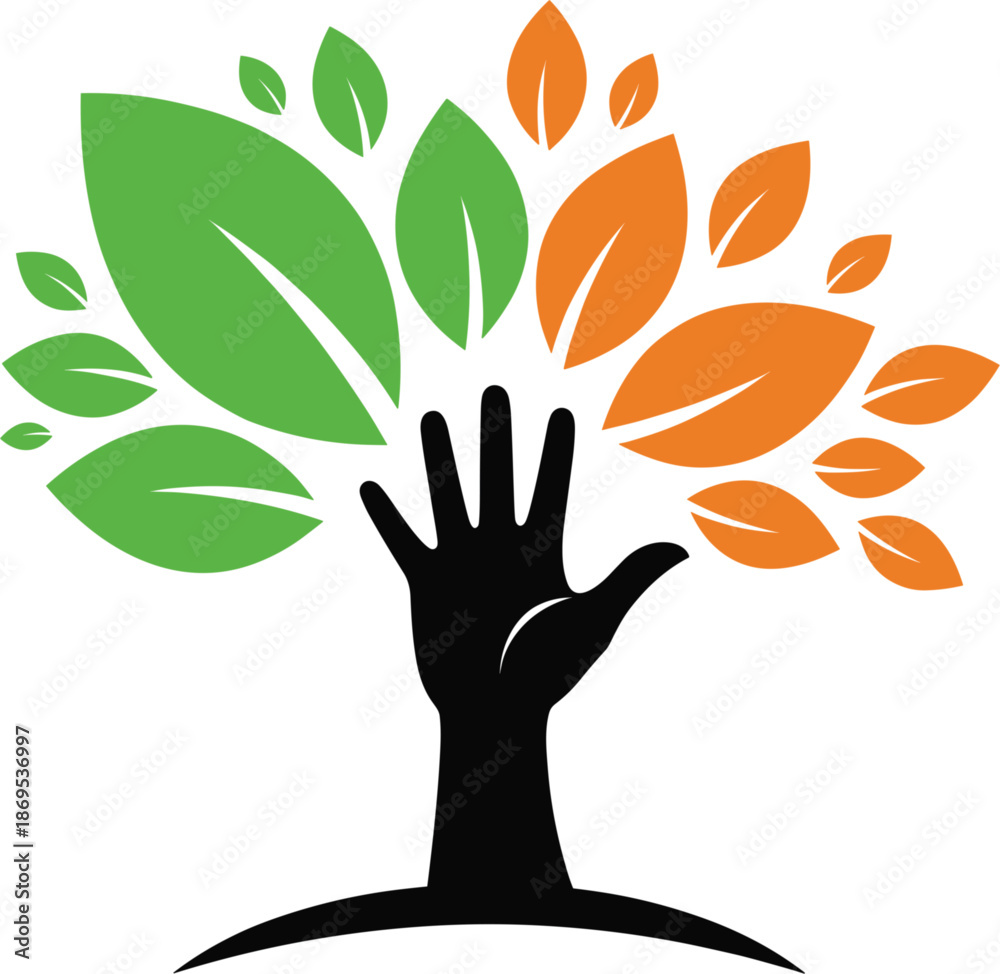 Fototapeta premium Abstract tree logo with human hand trunk and green and orange leaves representing community growth environmental protection and corporate social responsibility.