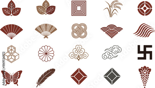 Brown and beige Japanese style symbols and motifs on white background Japanese symbols