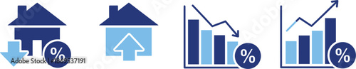 Real estate mortgage interest rates vector icon set showing house market fluctuations with rising and falling percentage arrows and financial bar charts.
