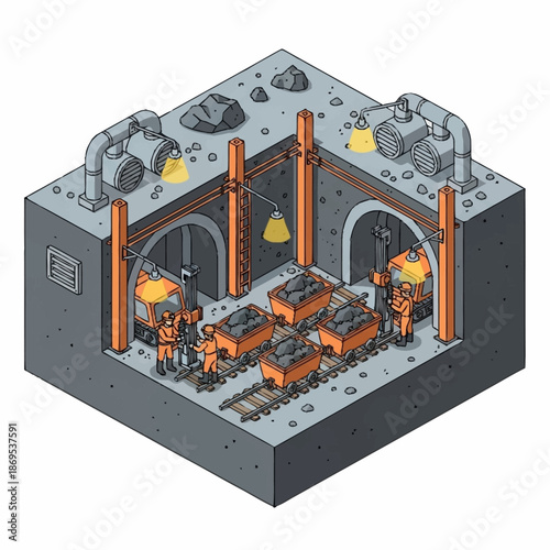 Isometric view of a busy underground mine with workers and ore carts.