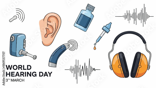 World Hearing Day Medical Equipment and Sound Waves Illustration.