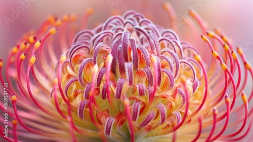 Close-up of an orange pincushion flower, highlighting its unique structure, with petals and stamens in sharp focus against a solid deep blue background.