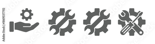 Crossed wrench and screwdriver with gear tools repair. Editable stroke vector illustration for web, app UI, user interface, tools, technology, engineering.