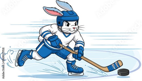 Cartoon rabbit playing ice hockey with blue uniform and stick hockey stick