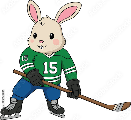 Cartoon rabbit wearing green hockey jersey number 15 blue pants black gloves ice skates holding hockey stick